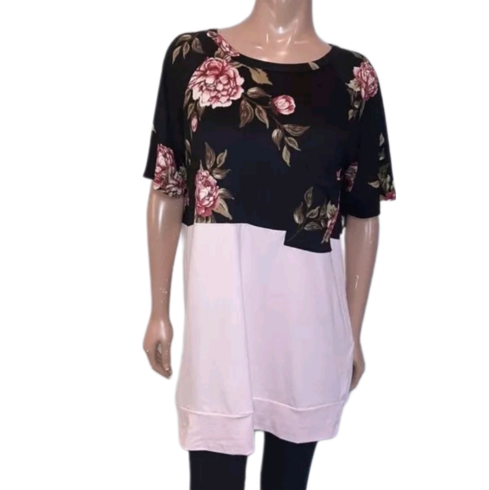 REBORN J Floral Tunic Top Color Block Short Sleeve Pocket Tee Womens Size Large